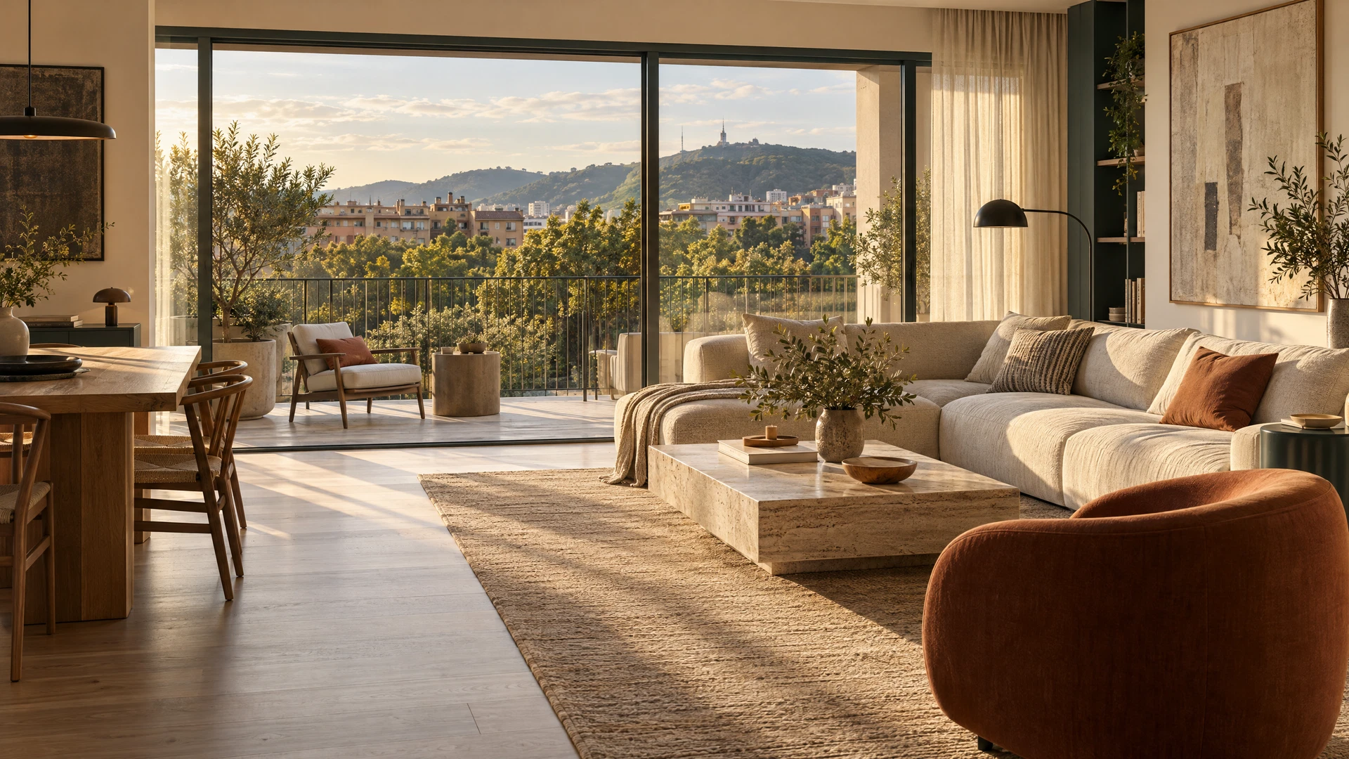 Interior de una vivienda contemporánea, cálida y luminosa.